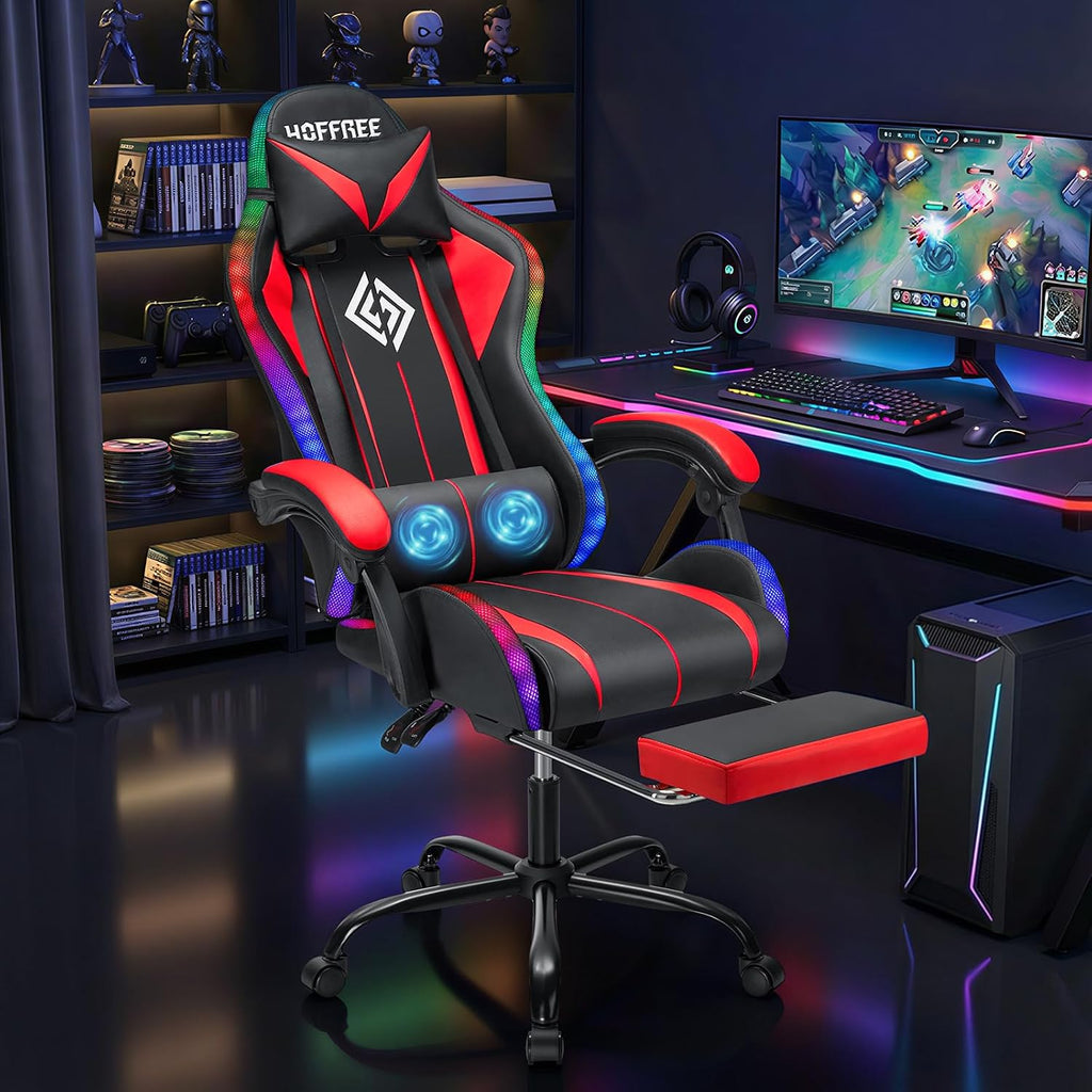 HOFFREE Gaming Chair Massage with LED RGB Lights and Footrest Ergonomic Computer Chair High Back Video Game Chair with Adjustable Lumbar Support Linkage Armrest Red and Black