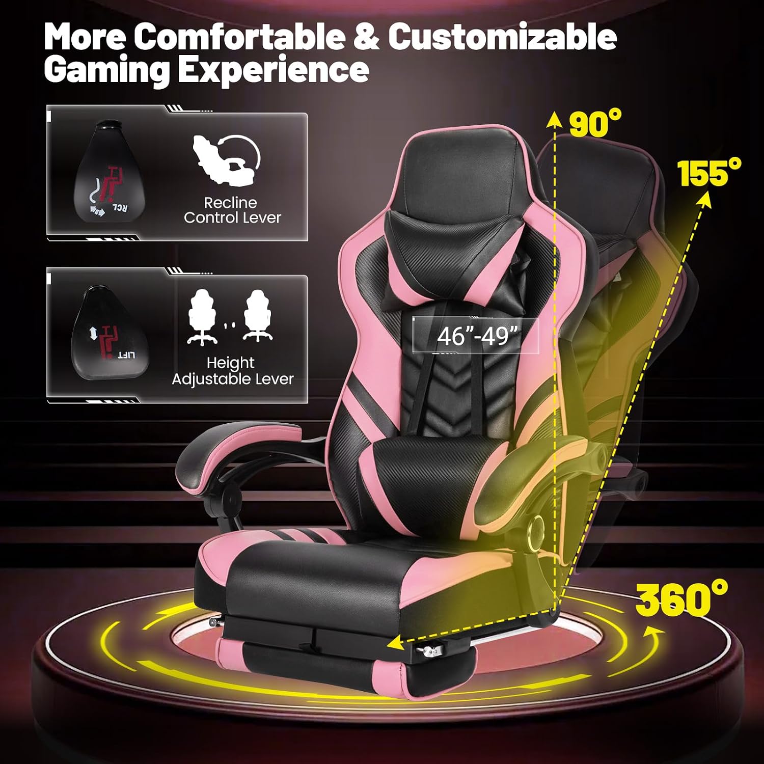 Goplus Gaming Chair, Computer Chair with Footrest and Lumbar Support, Height Adjustable Executive Swivel Rolling Task Chair with 90°-155° Tilt Function (Pink)