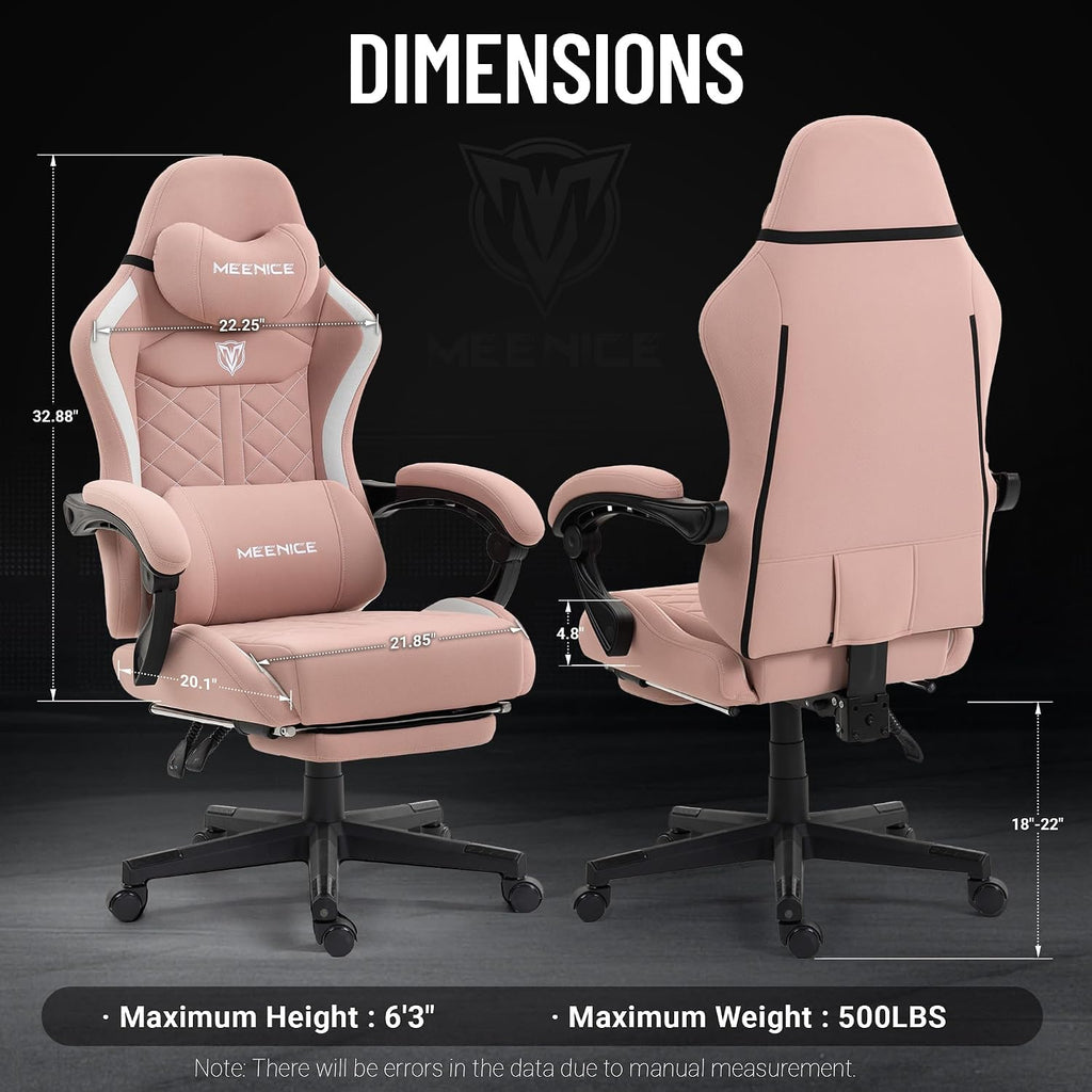Big and Tall Gaming Chair Fabric with Pocket Spring Cushion, High Back Heavy Duty Gaming Chairs for Adults with Massage Lumbar Support, Ergonomic Computer Chair with Footrest for 400LBS Pink