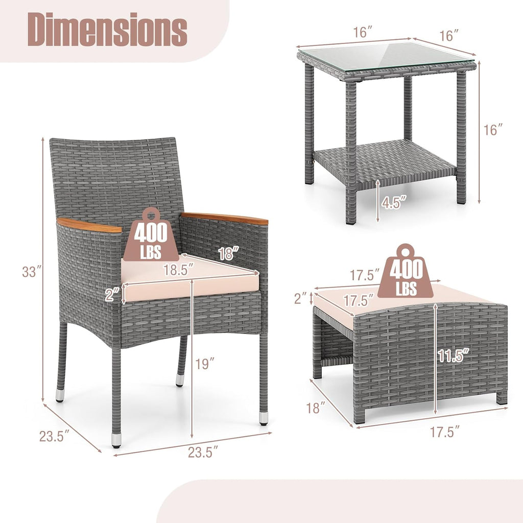 Tangkula 5 Pieces Patio Conversation Set, Outdoor PE Rattan Chairs with Soft Cushions, Ottomans & Tempered Glass Top Table, Acacia Wood Armrests, Patio Furniture Set (Mix Grey+Beige)