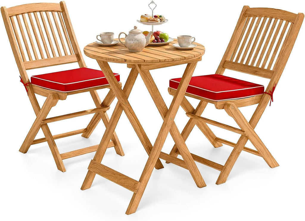 Giantex 3Pcs Patio Bistro Set, Wood Folding Table Set, 2 Cushioned Chairs for Garden Yard, Outdoor Furniture Round Table, Natural & Red