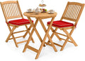 Giantex 3Pcs Patio Bistro Set, Wood Folding Table Set, 2 Cushioned Chairs for Garden Yard, Outdoor Furniture Round Table, Natural & Red