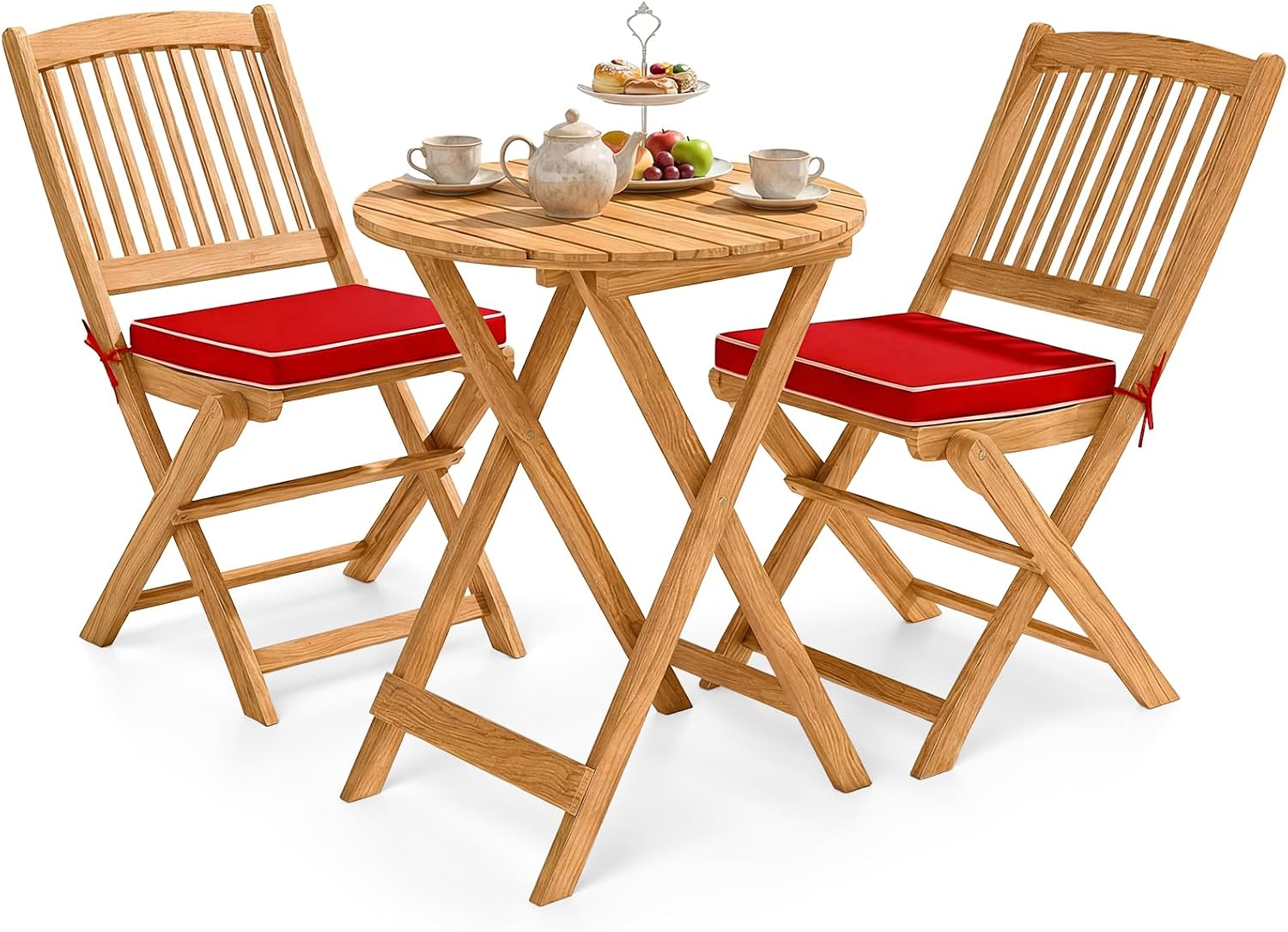 Giantex 3Pcs Patio Bistro Set, Wood Folding Table Set, 2 Cushioned Chairs for Garden Yard, Outdoor Furniture Round Table, Natural & Red