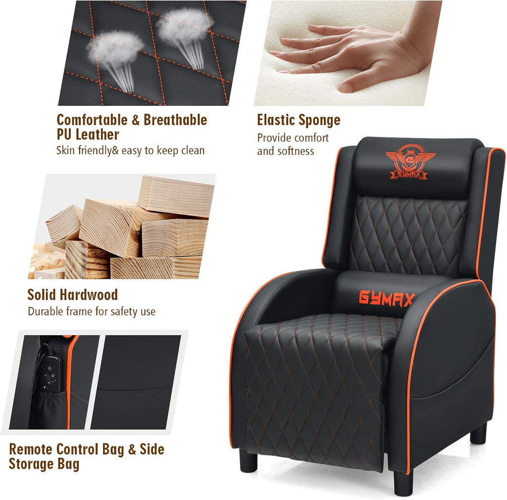 GYMAX Massage Gaming Recliner Chair, Ergonomic Racing Style Single Sofa with Adjustable Headrest, Backrest & Footrest, Home Theater Sofa for Living Room Office (Orange)