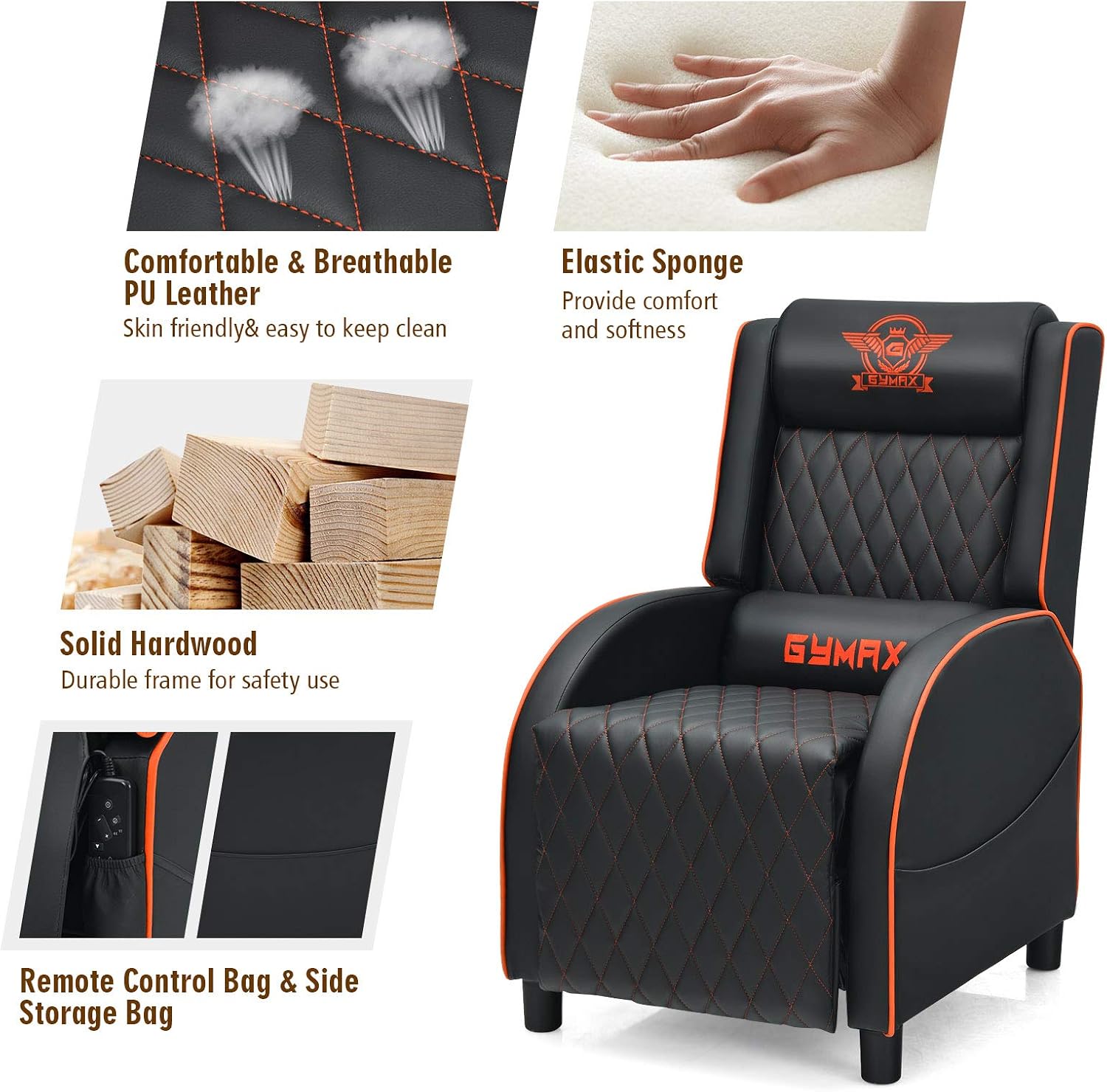 GYMAX Massage Gaming Recliner Chair, Ergonomic Racing Style Single Sofa with Adjustable Headrest, Backrest & Footrest, Home Theater Sofa for Living Room Office (Orange)