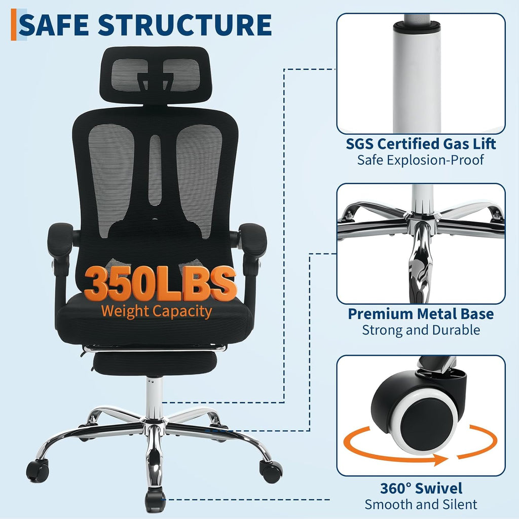 GarveeHome High Back Ergonomic Office Chair with Mesh Back, Retractable Footrest, Adjustable Headrest & Lumbar Support – Wide Computer Desk Chair with Wheels for Home Office or Bedroom, Black