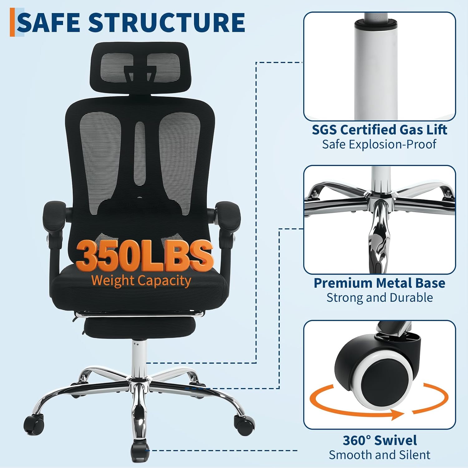 GarveeHome High Back Ergonomic Office Chair with Mesh Back, Retractable Footrest, Adjustable Headrest & Lumbar Support – Wide Computer Desk Chair with Wheels for Home Office or Bedroom, Black