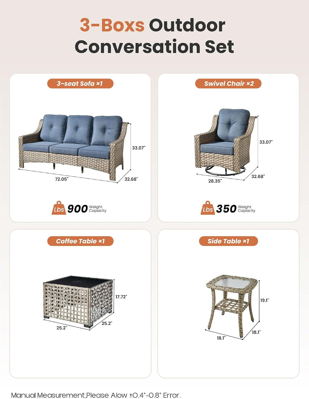 ovios 5 Piece Outdoor Patio Furniture with 3 Seat Sofa,Rattan Wicker Coversation Set with Swivel Rocking Chair,Balcony Sofa Set with Shiny Table for Outside Porch Backyard Pool, Blue