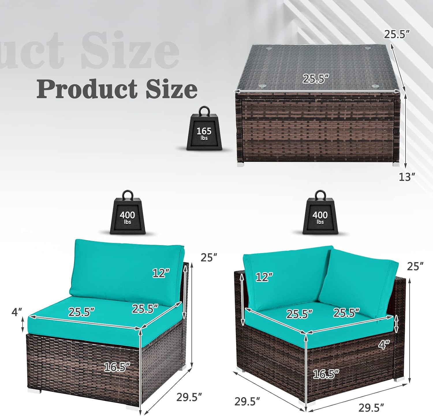 COSTWAY 6-Piece Outdoor Patio Furniture Set, Rattan Sectional Sofa Set with Tempered Glass Coffee Table and Cushions for Garden, Deck, Backyard (Turquoise)
