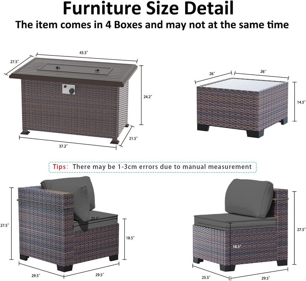 Outdoor Patio Furniture Set with Fire Pit Table, 6 Pieces Outdoor Furniture Patio Sectional Sofa PE Rattan Conversation Sets w/43 Propane Gas Firepit & Coffee Table for Outside - Grey.