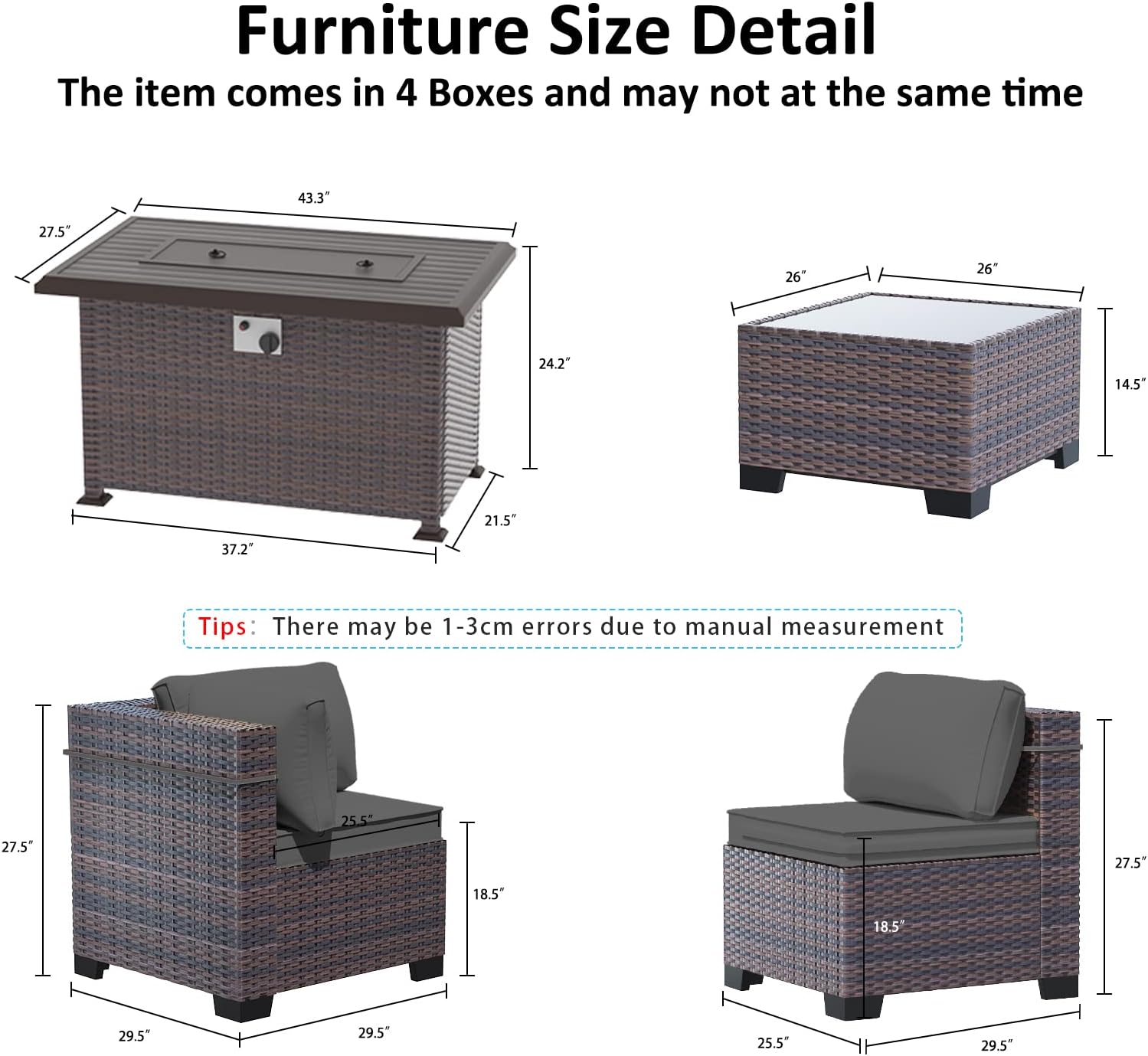 Outdoor Patio Furniture Set with Fire Pit Table, 6 Pieces Outdoor Furniture Patio Sectional Sofa PE Rattan Conversation Sets w/43 Propane Gas Firepit & Coffee Table for Outside - Grey.