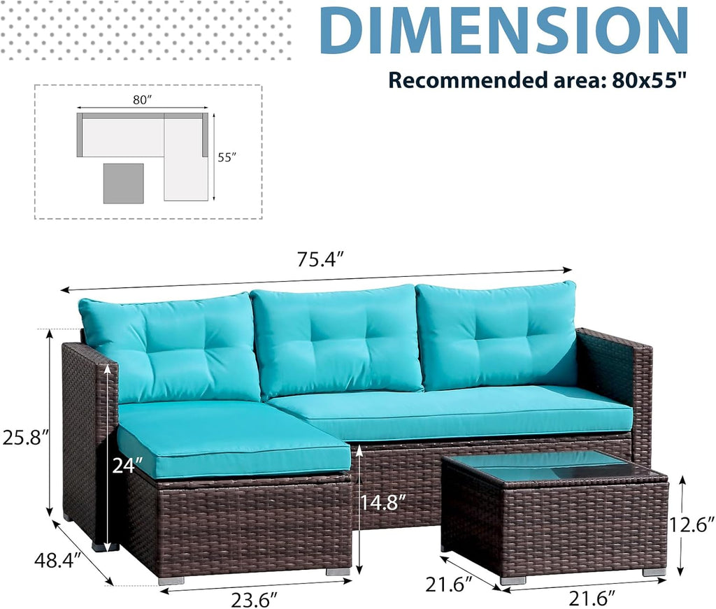 JOIVI Outdoor Patio Furniture Set, All Weather Outdoor Sectional Conversation Set, Wicker Furniture Sofa Set, Outdoor Patio Seating with Cushions, Tempered Glass Coffee Table, L-Shaped, Turquoise