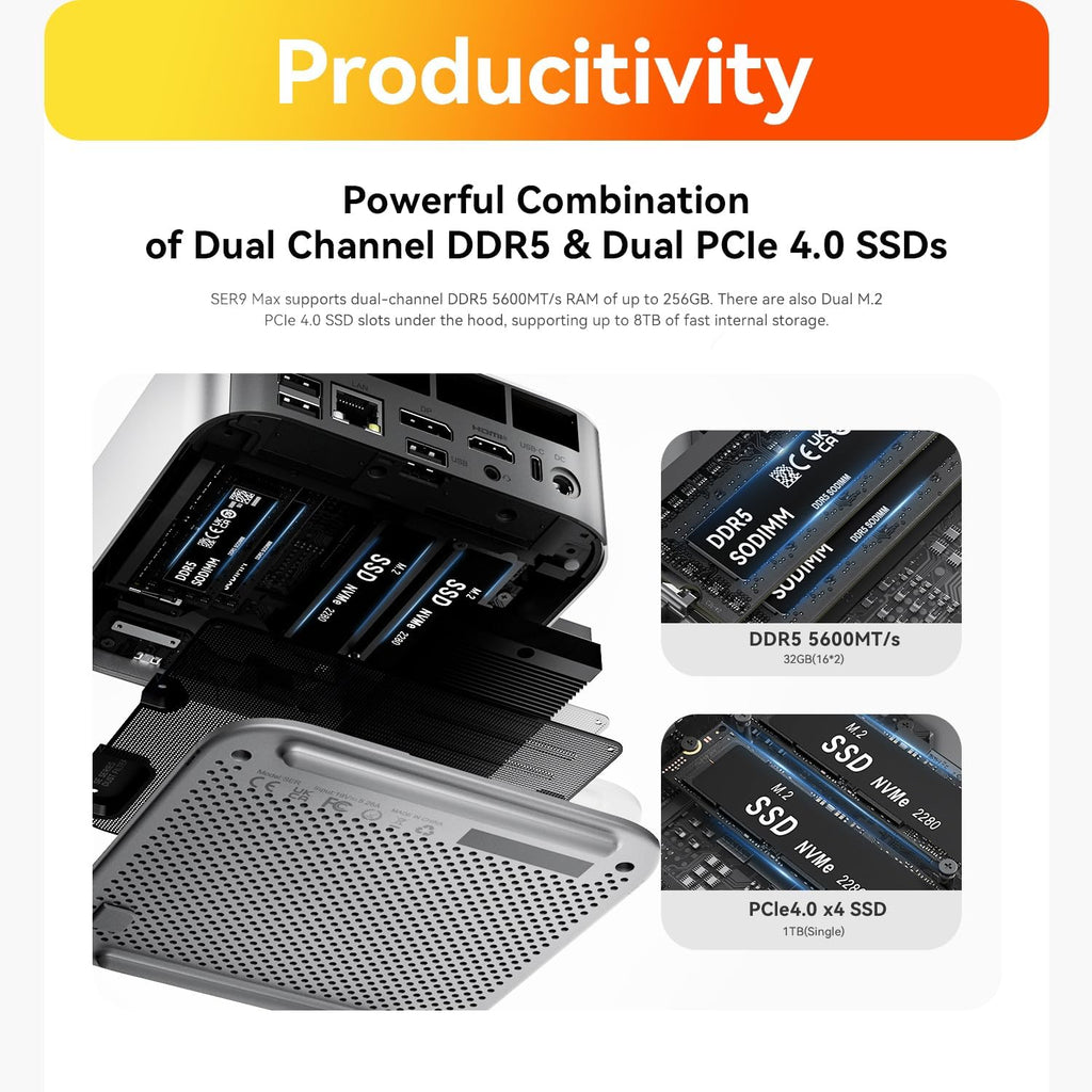 Beelink SER9 MAX Mini PC, AMD Ryzen 7 H 255(4nm, 8C/16T) up to 4.9GHz, Mini Computer 64GB DDR5 RAM 1TB M.2 NVME SSD, Desktop PC 4K@240Hz Triple Display/USB4/WiFi6/BT5.2/10Gbps/W-11 Pro