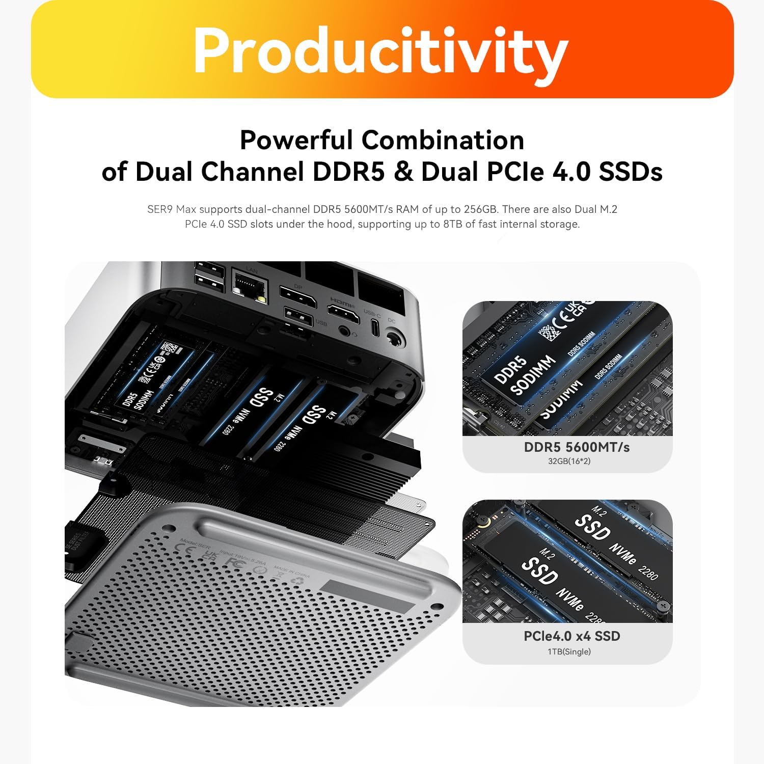 Beelink SER9 MAX Mini PC, AMD Ryzen 7 H 255(4nm, 8C/16T) up to 4.9GHz, Mini Computer 64GB DDR5 RAM 1TB M.2 NVME SSD, Desktop PC 4K@240Hz Triple Display/USB4/WiFi6/BT5.2/10Gbps/W-11 Pro