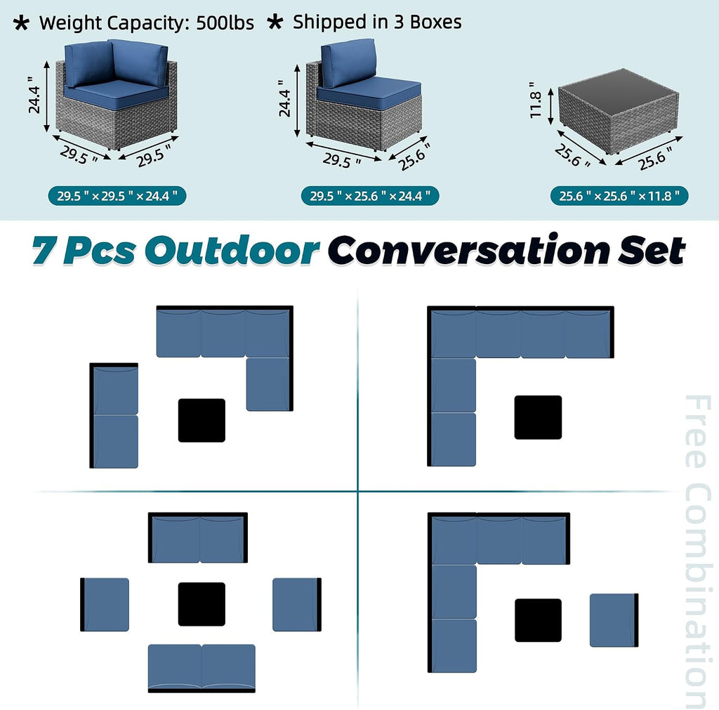 SUNLEI 7pcs Patio Conversation Sets Outdoor Furniture Sets, High Back All-Weather Rattan Sectional Sofa with Tea Table&Washable Couch Cushions(Silver Rattan) (Aegean Blue)