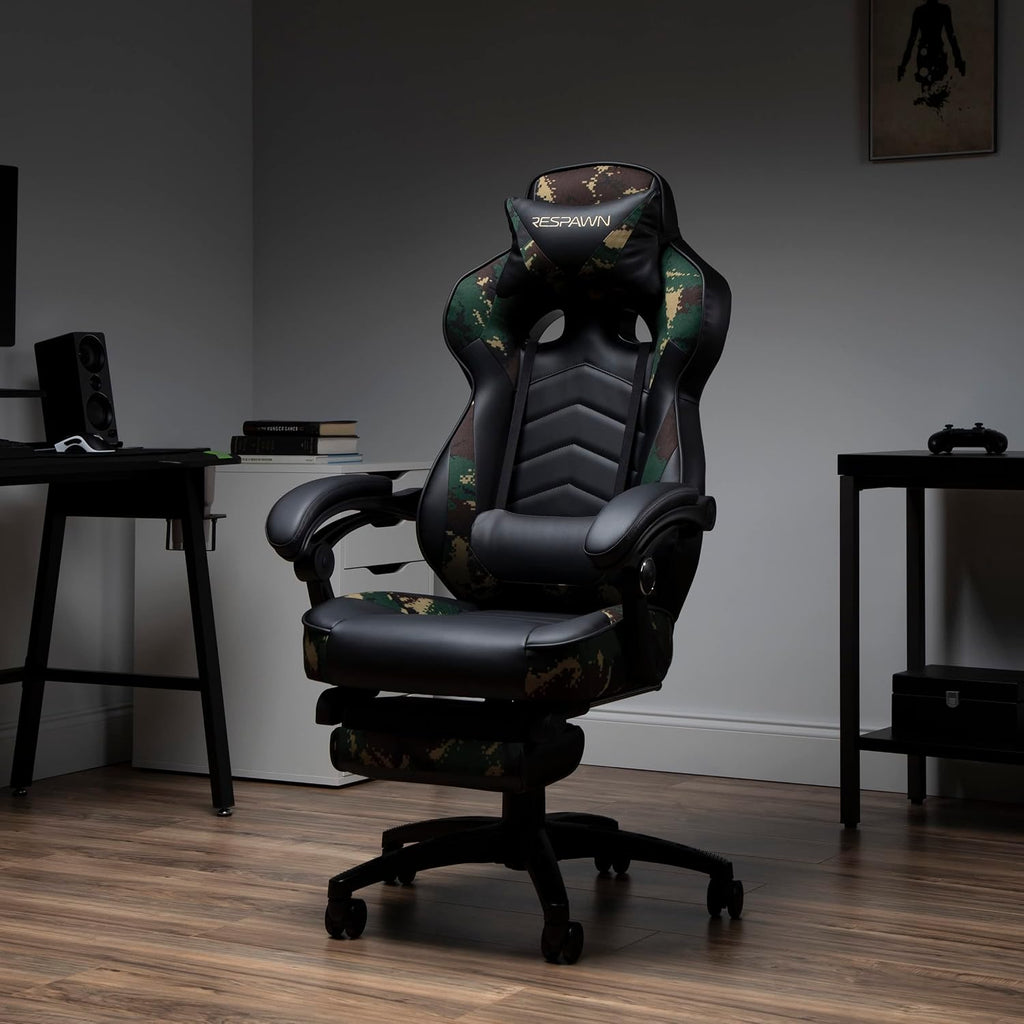 RESPAWN 110 Ergonomic Gaming Chair with Footrest Recliner - Racing Style High Back PC Computer Desk Office Chair - 360 Swivel, Adjustable Lumbar Support, Headrest Pillow, Padded Armrests - 2019 Camo