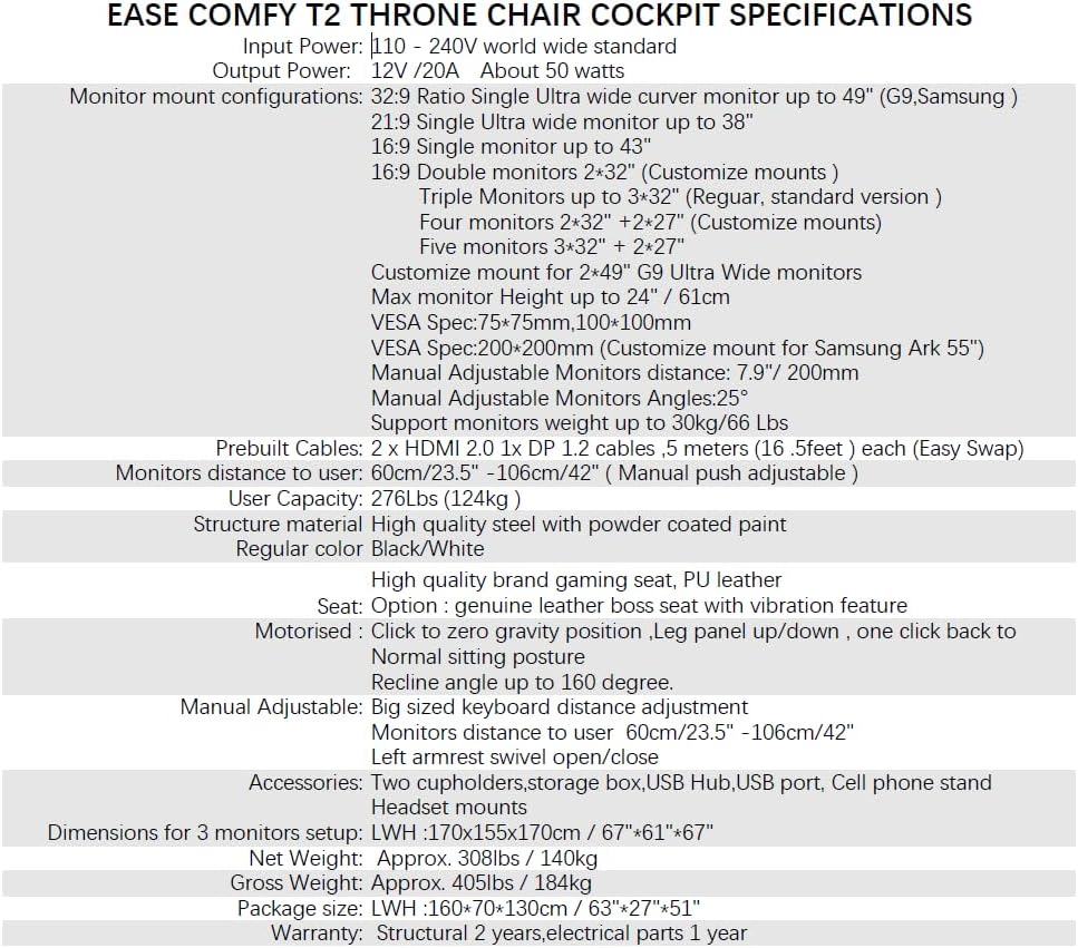 Imperatorworks EASECOMFY T2 Throne Computer Cockpit for 3 Monitors, Zero Gravity Chair Workstation,can Extend for 5 Monitors Support ultrawide 1 * 49' Option with Massage Function