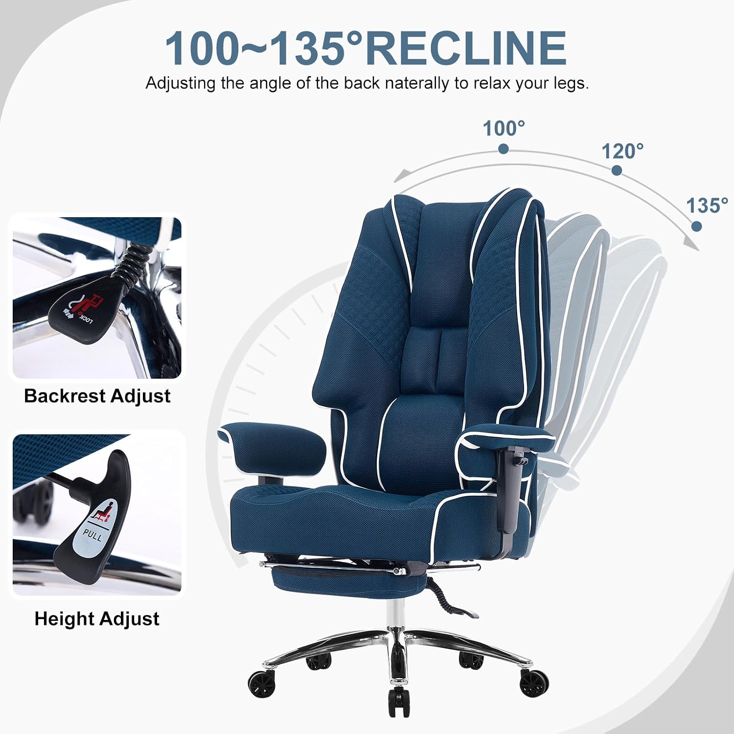 EXCEBET Big and Tall Office Chair 400lbs Wide Seat, Leather High Back Executive Office Chair with Lumbar Support, Ergonomic Chairs Padded Armrests & Thick Cushion (Mesh Blue)