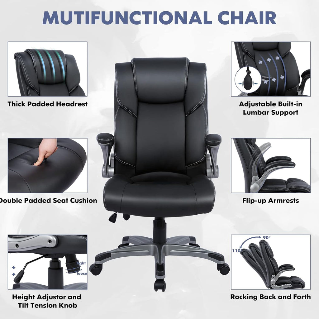 COLAMY High Back Executive Office Chair - Padded Leather Ergonomic Computer Desk Chair with Inflatable Lumbar Support & Flip-Up Arms, Adjustable Tilt Lock Swivel Task Chair for Home Office, Black