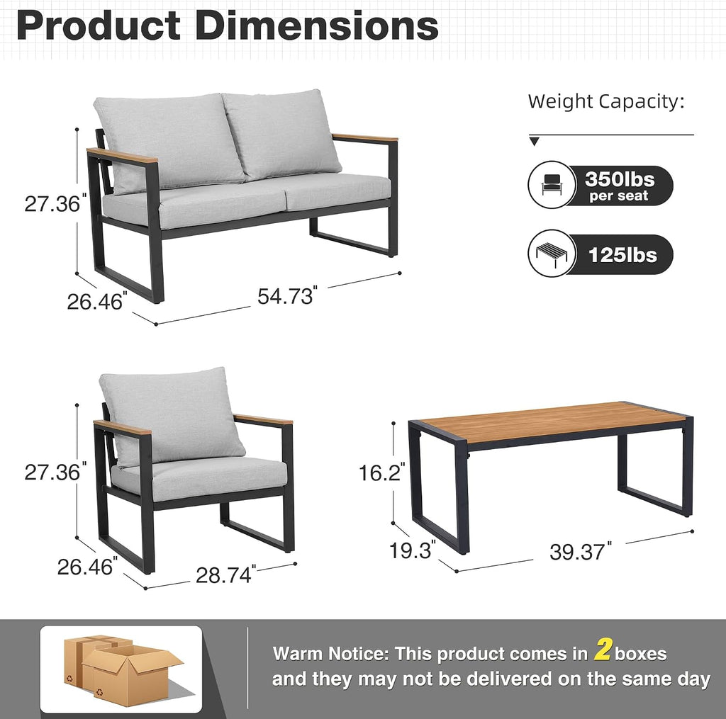 Patio Furniture Set, 4 Pieces Outdoor Patio Furniture with Coffee Table Set, Metal Patio Conversation Sets with Washable and High-Resiliency Sponge Cushions, Upgarded Light Grey