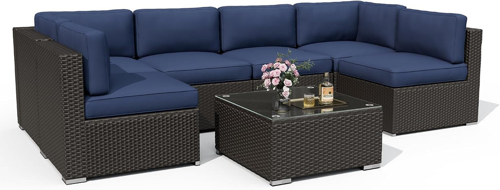 Incbruce Outdoor Patio Furniture Set 7-Piece All-Weather Sectional Sofa Outside Couch, Manual Weaving Wicker Rattan Conversation Set with Glass Top Table and Removable Cushions(Dark Blue)