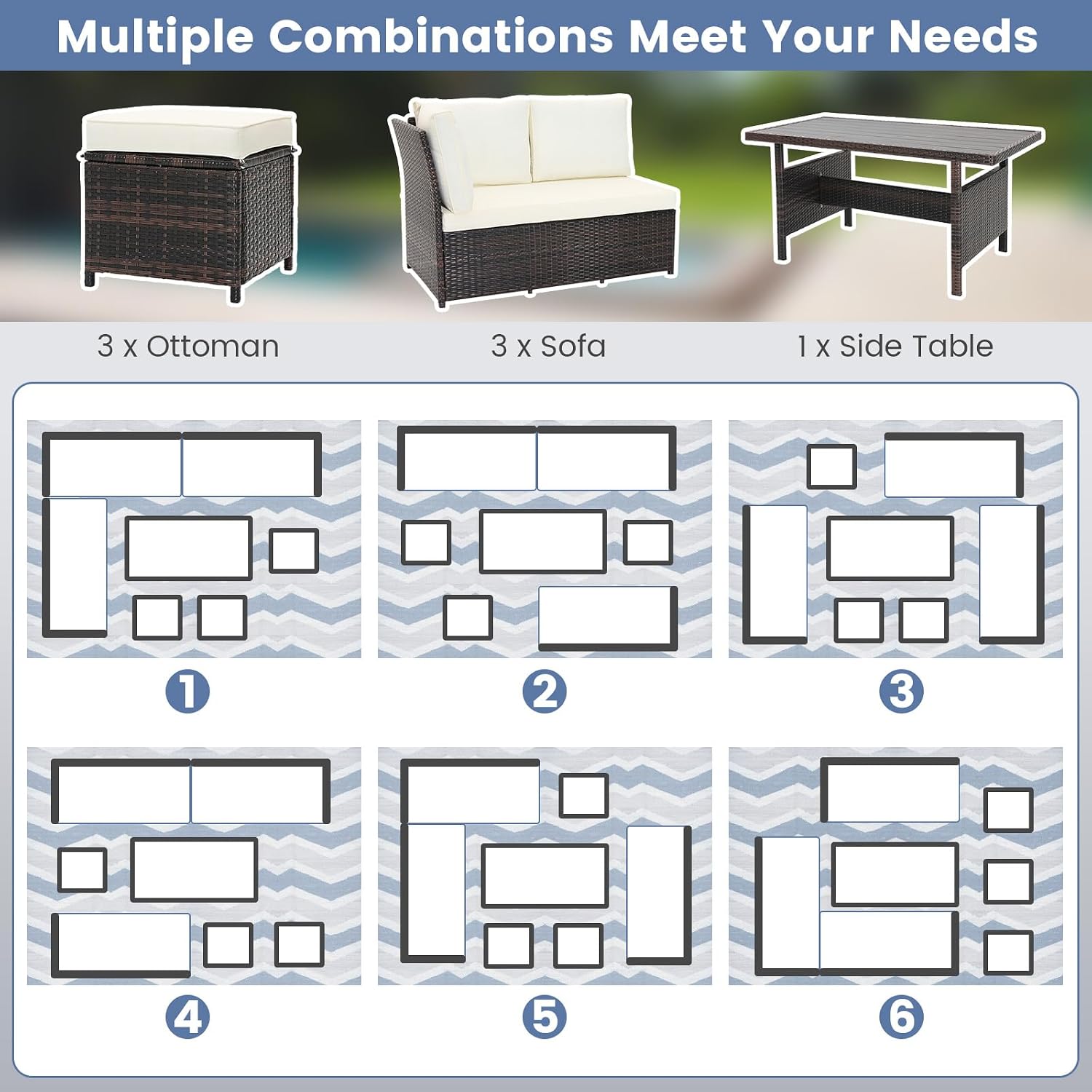 Tangkula 7 Pieces Wicker Patio Furniture Set, Rattan Sofa with Coffee Table, Ottomans & White Cushions, Sectional Conversation Sofa Set for Porch, Poolside, Balcony Yard Garden (White)