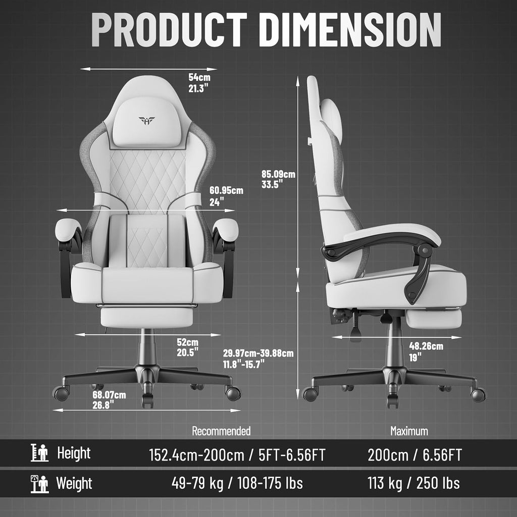 Ferghana Gaming Chair, Breathable Fabric Computer Chair with Footrest and Linkage Armrest, Ergonomic Office Game Chair with Massage Lumbar Support for Adult, White