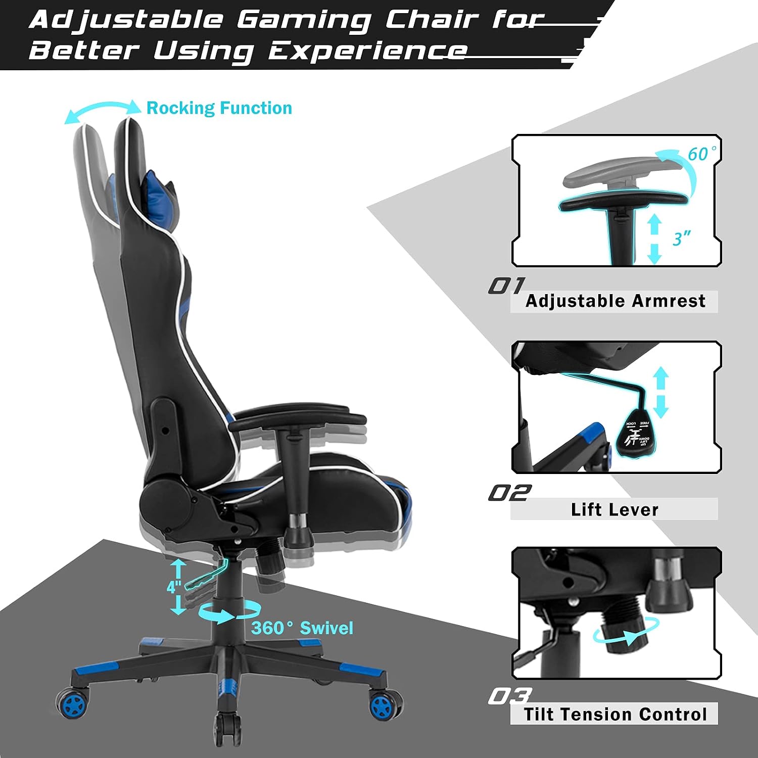 GYMAX Gaming Chair, Massage Gaming Chairs for Adults with Headrest, Lumbar Support & Armrest, Video Computer Reclining Gaming Chair, Office Desk Gamer Task Chair (Blue)