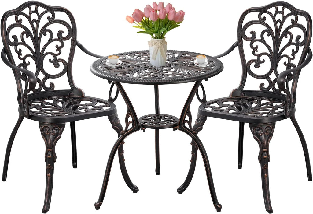 Bistro Set 3 Piece Outdoor Bistro Table and Chair Set of 2 Cast Aluminum Patio Furniture with Umbrella Hole,Patio Bistro Table Sets for Garden,Yard(Brown)