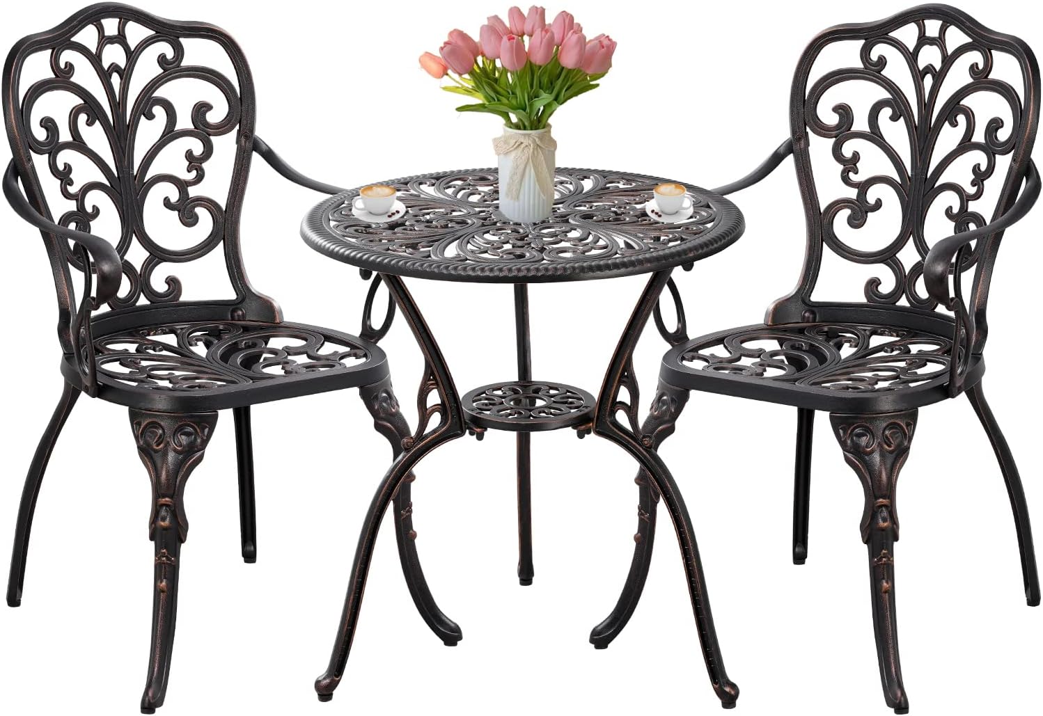 Bistro Set 3 Piece Outdoor Bistro Table and Chair Set of 2 Cast Aluminum Patio Furniture with Umbrella Hole,Patio Bistro Table Sets for Garden,Yard(Brown)