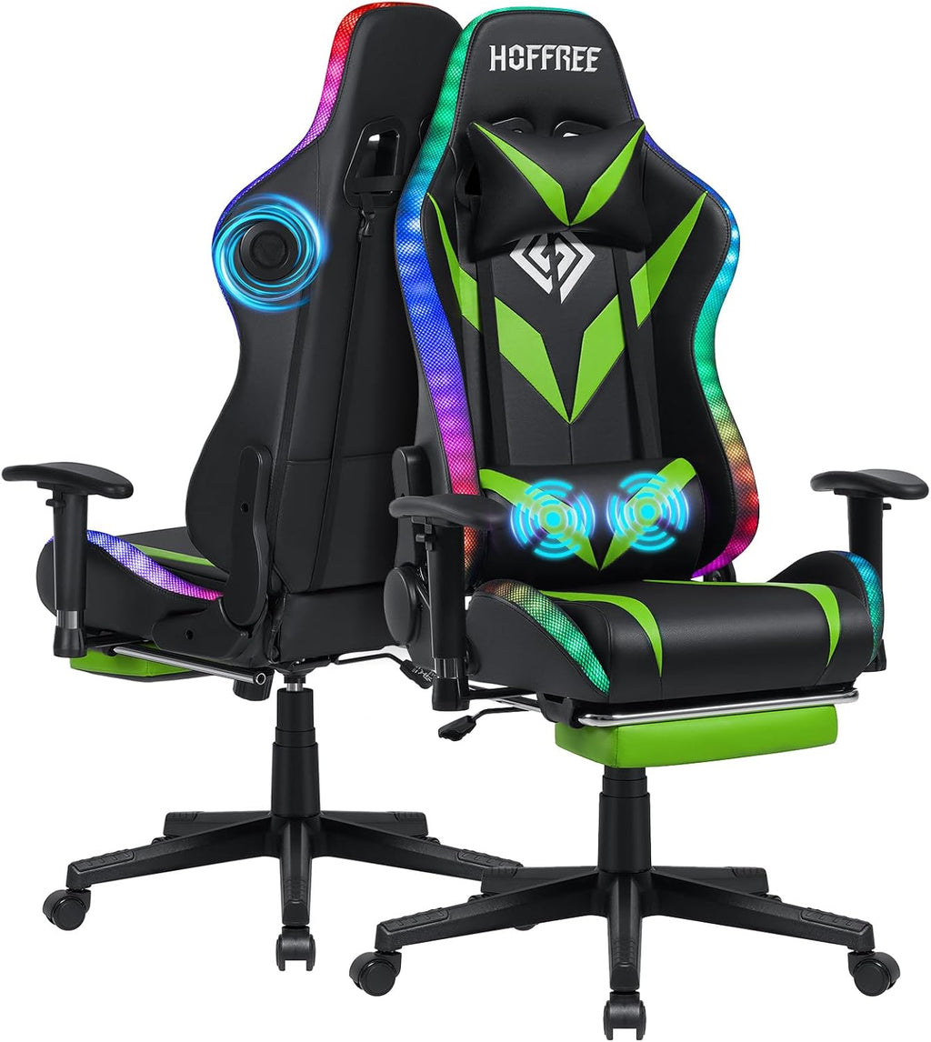 HOFFREE Gaming Chair with Bluetooth Speakers and Led Lights Massage Video Game Chair with Footrest Reclining High Back Computer Gamer Chair Green and Black