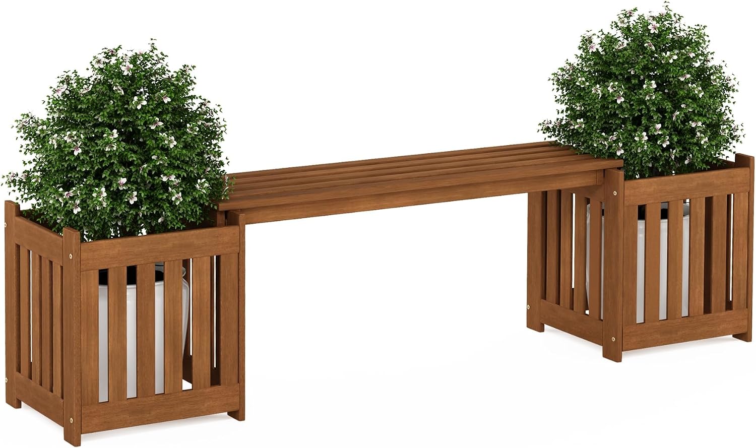 Furinno TIOMAN Planter Box with Bench, Hardwood Flower Box with Seat, Cube Garden Box, in Teak Oil, Outdoor Indoor, Garden, Patio, Balcony, Light Wood