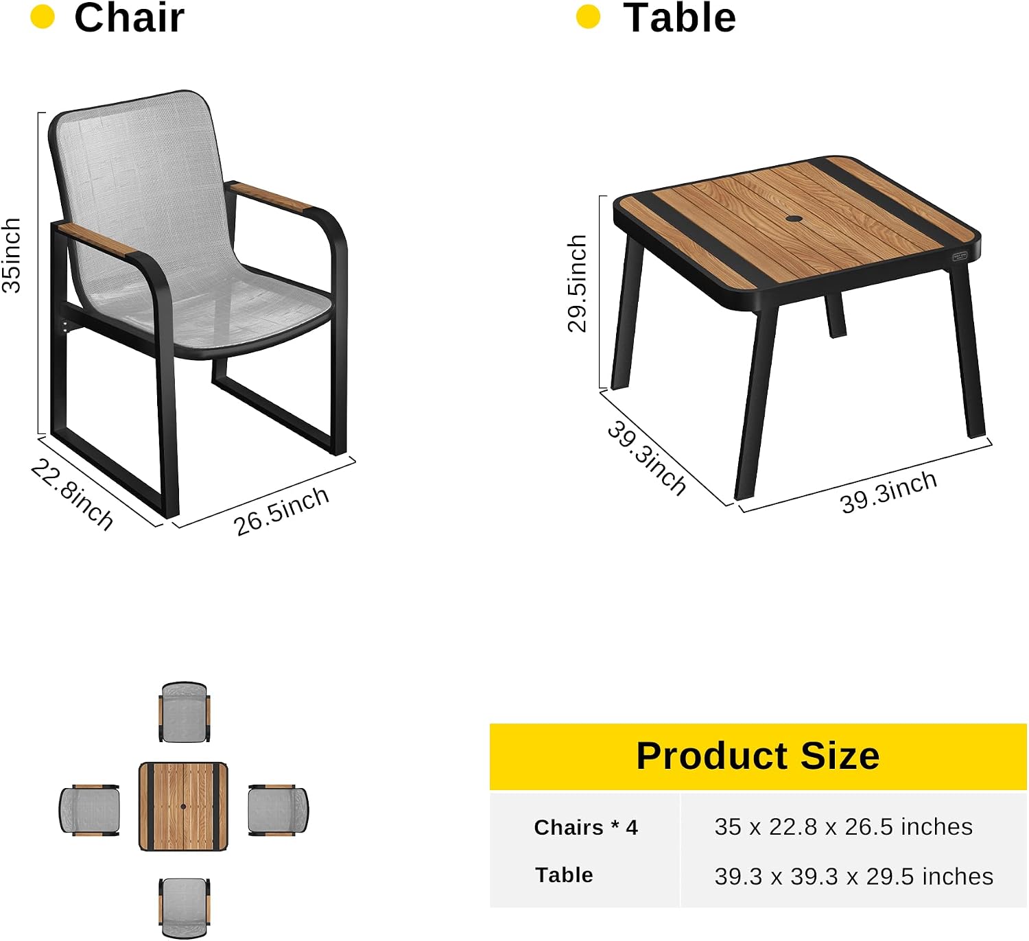 EAST OAK Signature 5 Pieces Outdoor Dining Set, Patio Furniture Set with Finest Teak Wood, Powder-Coated Aluminum Frame Table and Teslin Fabric Chairs, Patio Dining Set for Garden and Yard, Dark Grey