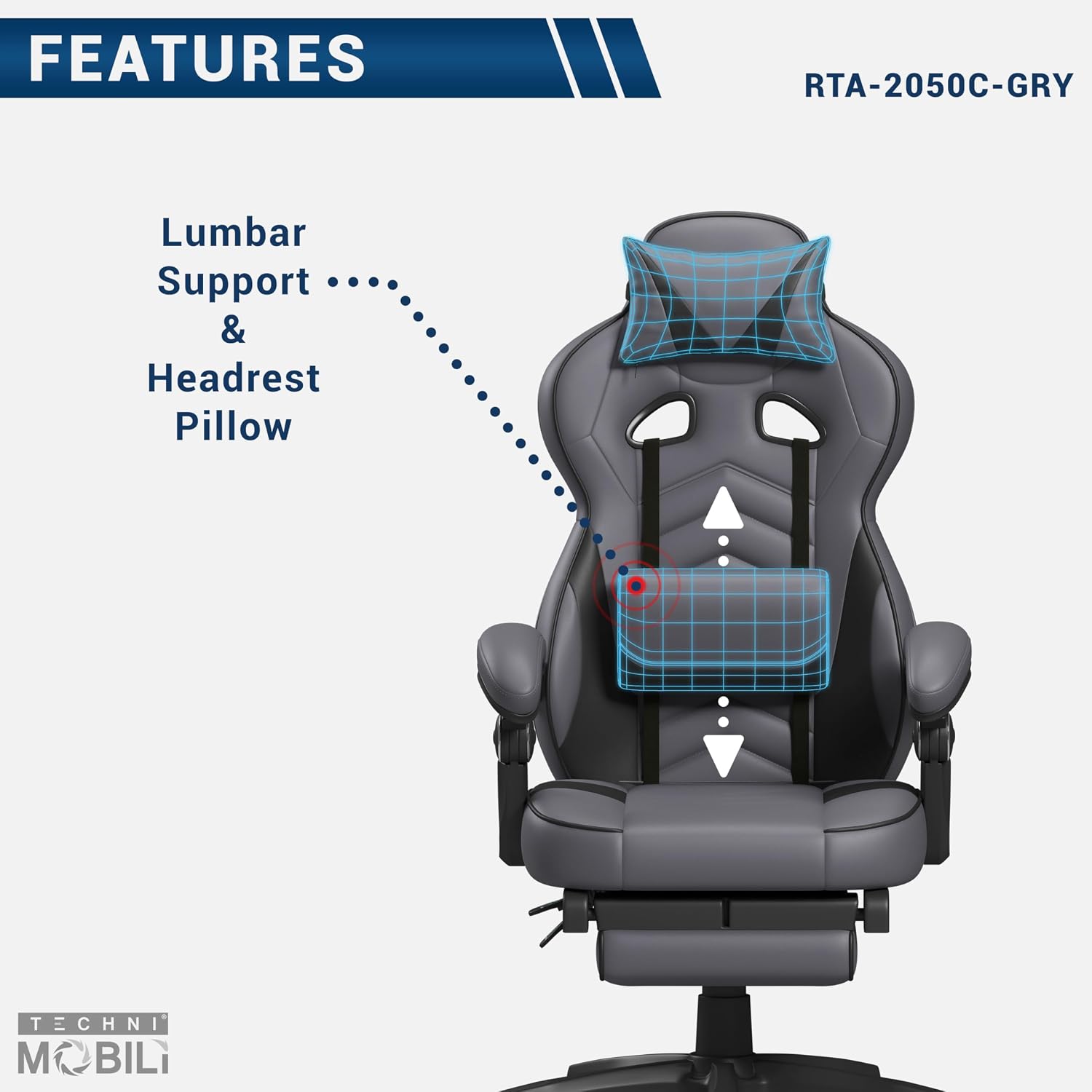 Executive Office or Gaming Chair with Footrest, Padded PU Leather Office Chair with 150-Degree Recline, Lumbar Support & Headrest Pillow, Grey