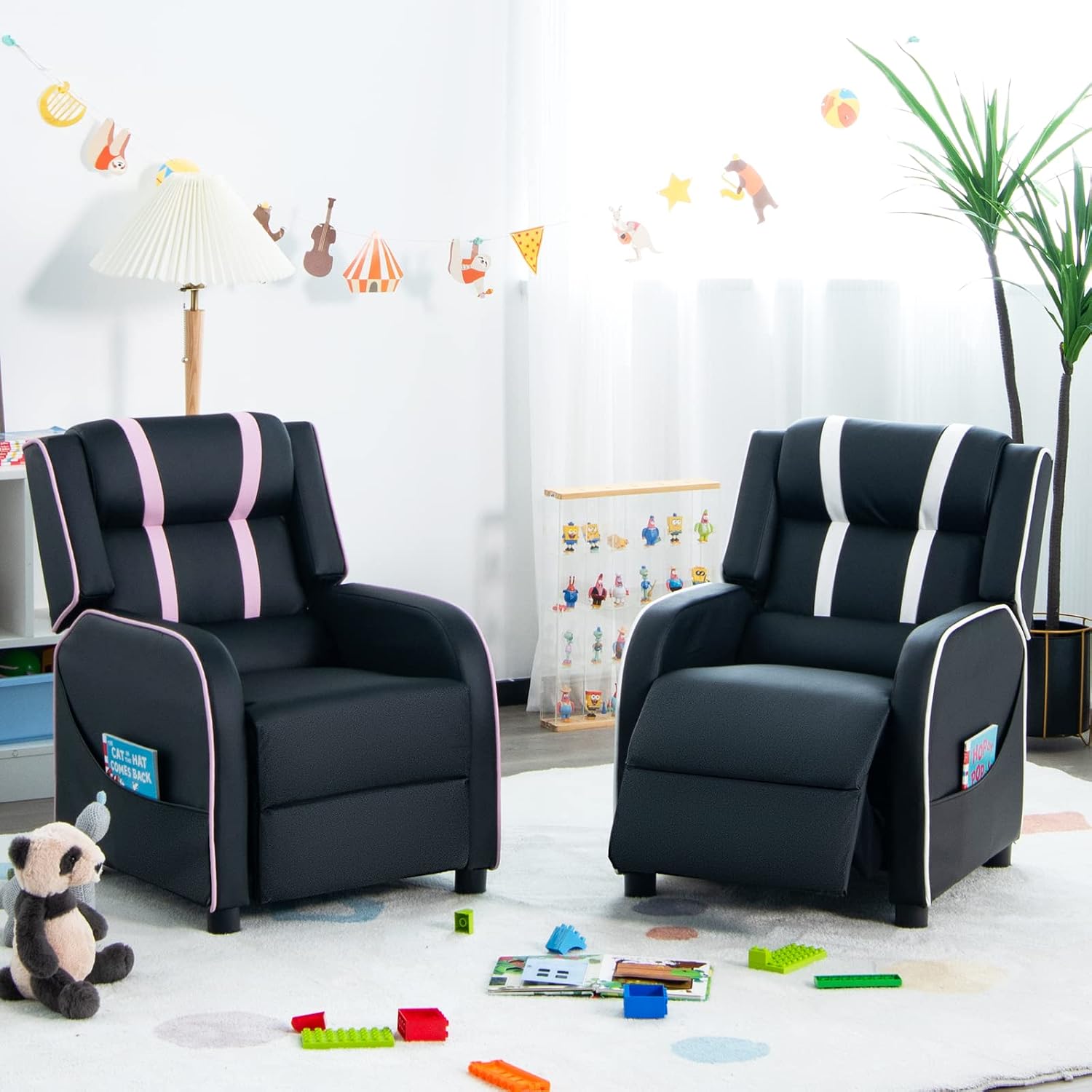 Costzon Kids Recliner, Gaming Recliner Chair w/Side Pockets, Footrest, Headrest & Lumbar Support for Kids Room & Play Room, Adjustable Racing Style Leather Sofa for Children Boys Girls (Pink, Black)