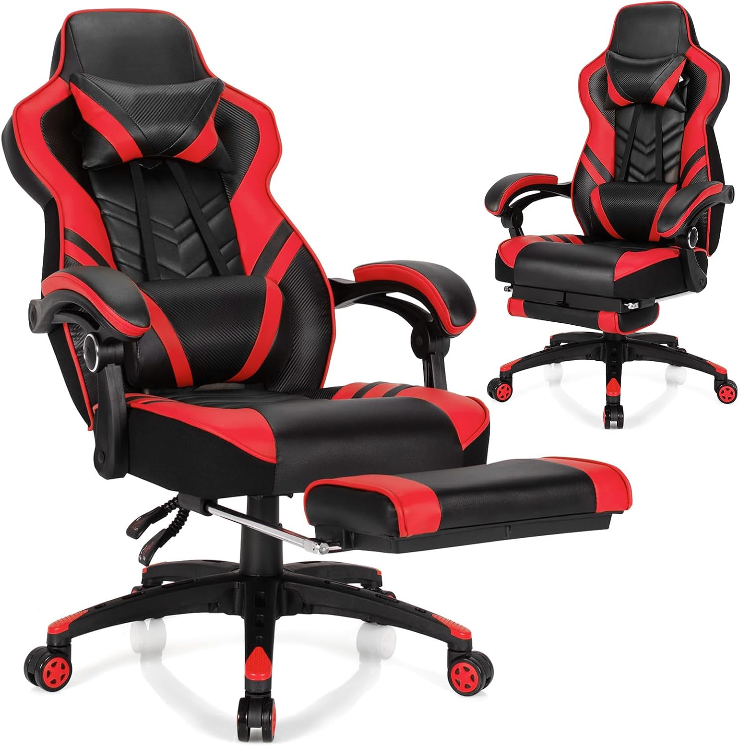 Goplus Gaming Chair, Computer Chair with Footrest and Lumbar Support, Height Adjustable Executive Swivel Rolling Task Chair with 90°-155° Tilt Function (Red)