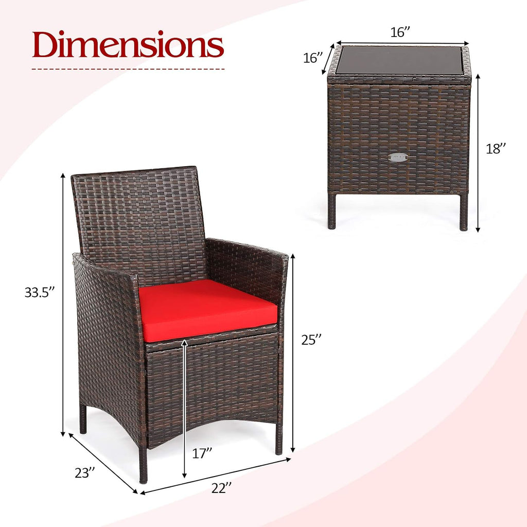 Tangkula 3-Piece Patio Conversation Set, Wicker Chairs with Glass Top Square Coffee Table & Cushions, All-Weather Outdoor Rattan Furniture Set for Garden Backyard Balcony Poolside (Red)