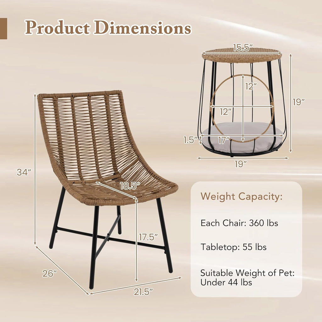 Tangkula 3 Pieces Outdoor Furniture Set with Pet House, Heavy Duty Metal Frame Patio Armless Chairs with Coffee Table, for Patio, Yard, Poolside, Garden (Light Brown)