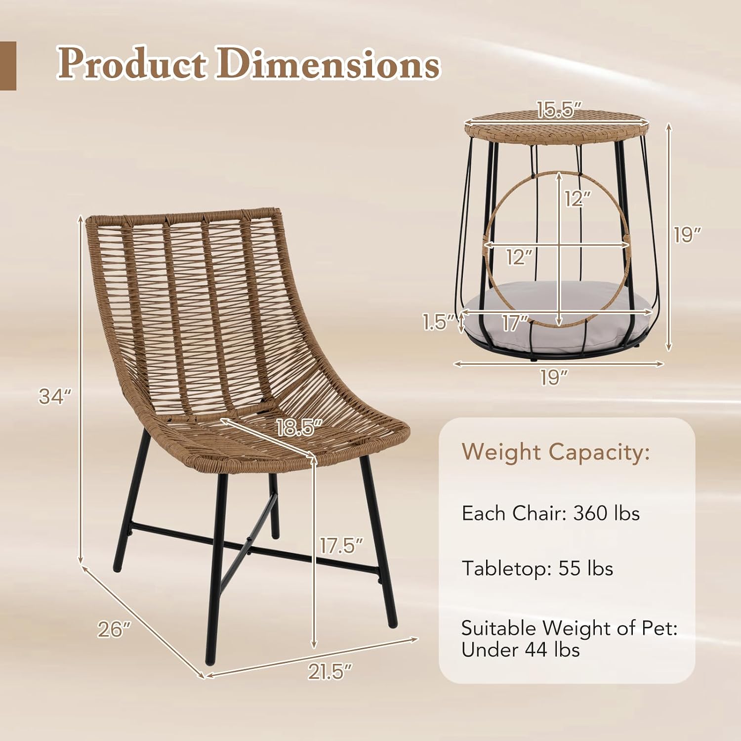 Tangkula 3 Pieces Outdoor Furniture Set with Pet House, Heavy Duty Metal Frame Patio Armless Chairs with Coffee Table, for Patio, Yard, Poolside, Garden (Light Brown)