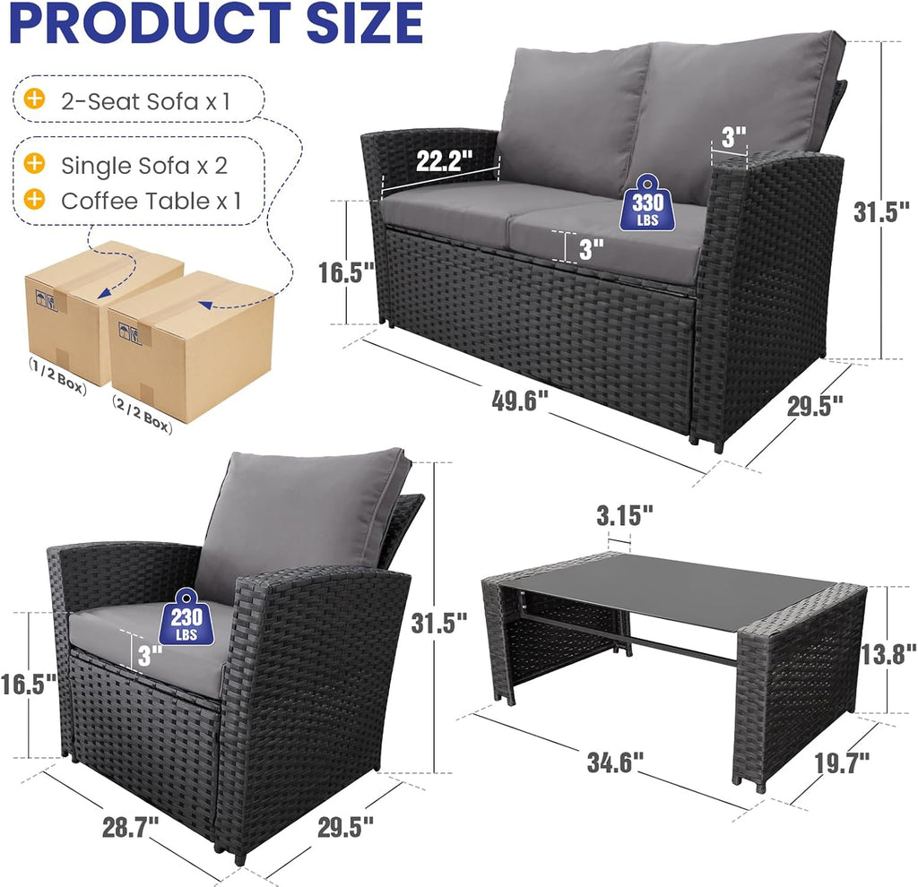FHFO 4 Piece Patio Furniture Set, Wicker Outdoor Conversation Furniture Set, All Weather Patio Sofa Couch with Cushion & Glass Table, Black/Grey