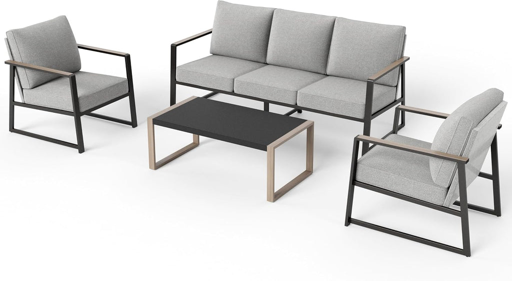 PHI VILLA Metal Patio Furniture Set,5 Seats Outdoor Patio Conversation Set,All Weather Outdoor Couch Set Patio Sofa Set with Coffee Table,Black Frame with Textilene Cushion（Backyard ICON Collection）