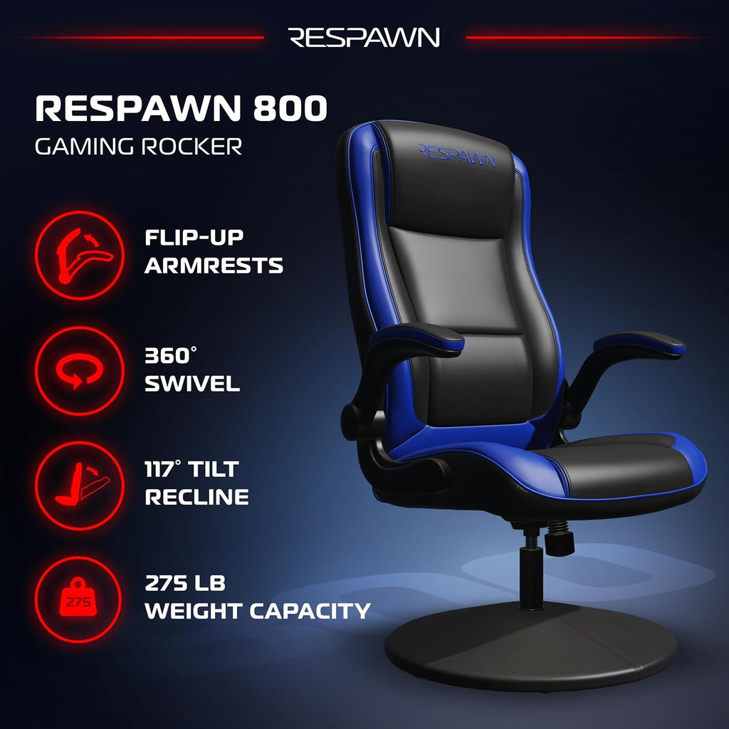 RESPAWN 800 Swivel Rocker Gaming Chair - Ergonomic Floor Gaming Seat with Lumbar Support, Flip Up Armrest, High Back, Pedestal Base, Comfortable No Wheels Console Video Game Rocker Chair - Blue