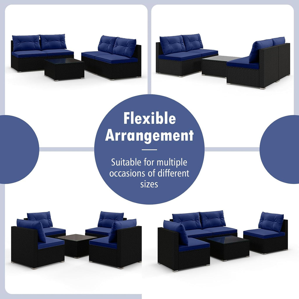 RELAX4LIFE 5-Piece Outdoor Patio Furniture Set, Rattan Sectional Sofa Set w/Glass-Top Coffee Table, Soft Seat & Back Cushions, Bistro Set for Garden Backyard Porch, Wicker Conversation Set (Navy)