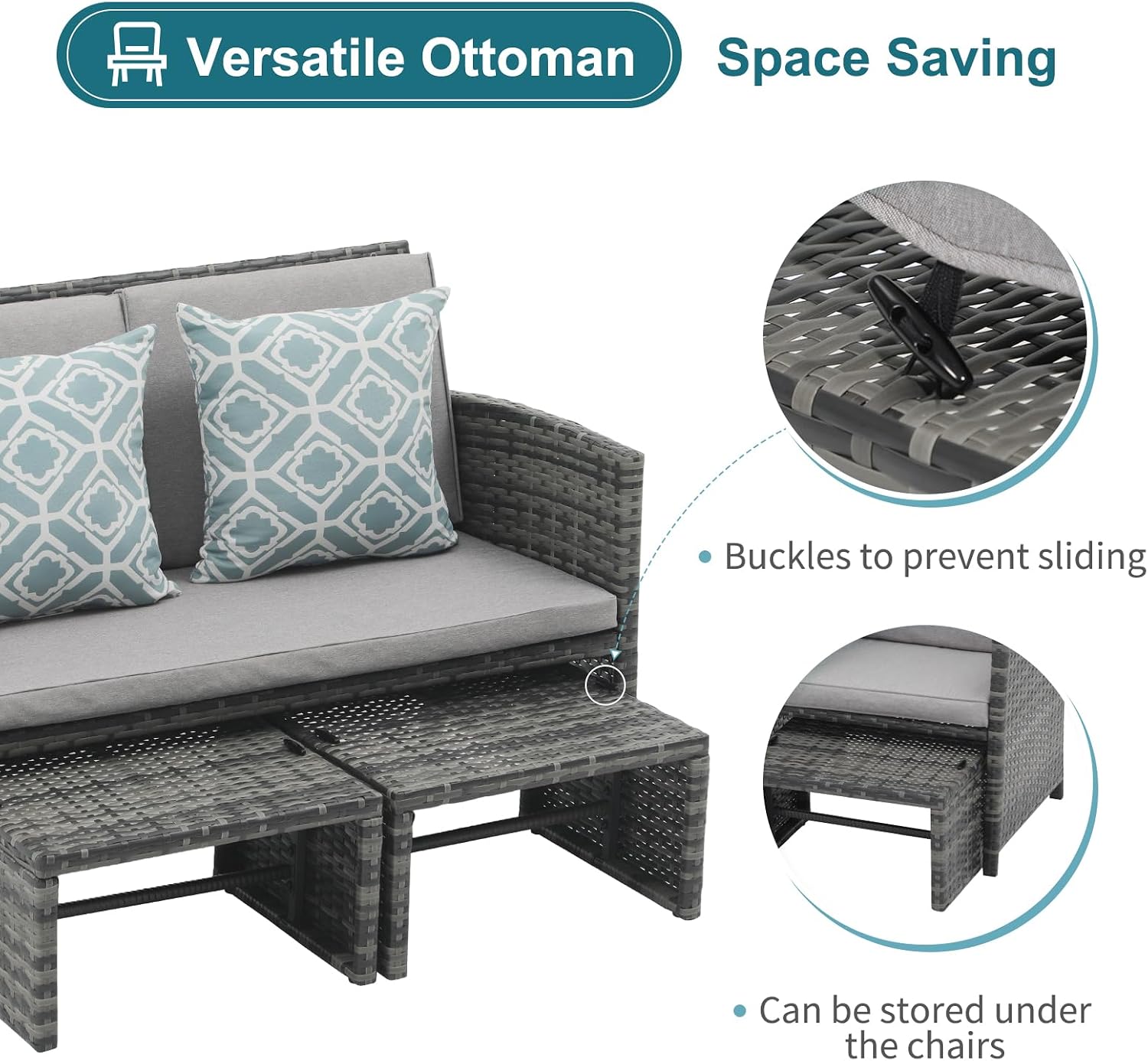 OC Orange-Casual Patio Furniture Set,3 Pieces Outdoor Wicker Conversation Loveseat with Ottomans for Porch, Gray Rattan Light Gray Cushions