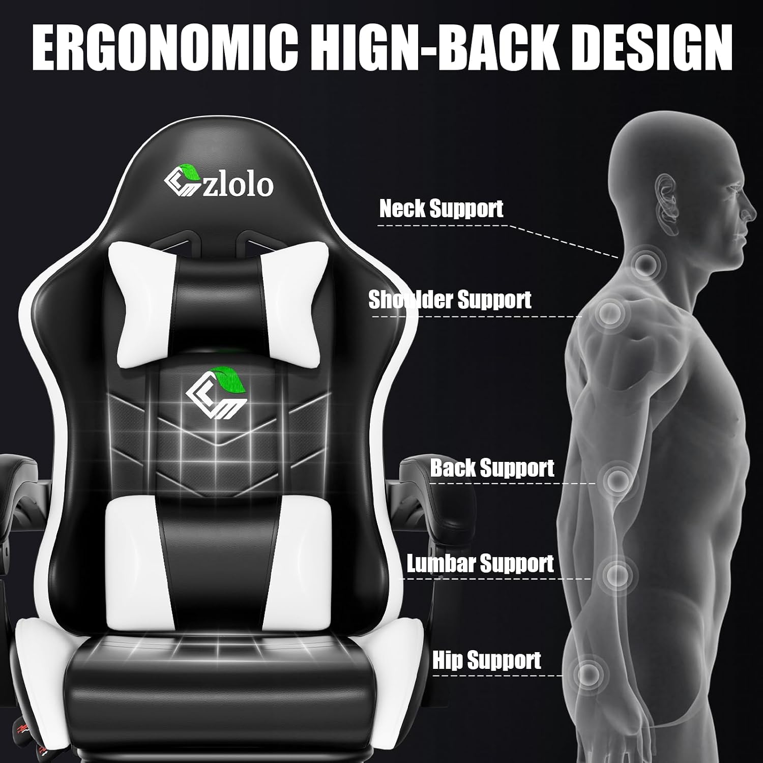 Czlolo Gaming Chair, Ergonomic Office Computer Chair with Footrest and Lumbar Support Massager Racing Style High Back Video Gamer Chair, Wide＆Thick Cushion, 90°-135° Recline, Adjustable Height, White