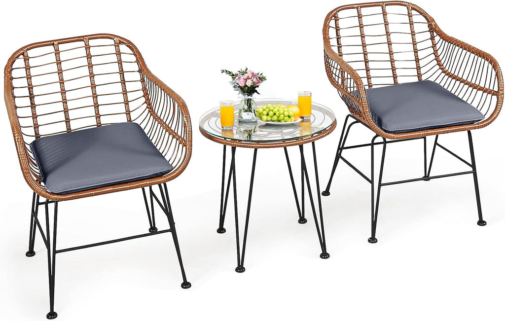 Tangkula 3 Pieces Patio Conversation Bistro Set, Outdoor Wicker Furniture w/Round Tempered Glass Top Table & 2 Rattan Armchairs, Bistro Chat Set w/Seat Cushions for Porch, Backyard, Garden