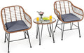 Tangkula 3 Pieces Patio Conversation Bistro Set, Outdoor Wicker Furniture w/Round Tempered Glass Top Table & 2 Rattan Armchairs, Bistro Chat Set w/Seat Cushions for Porch, Backyard, Garden