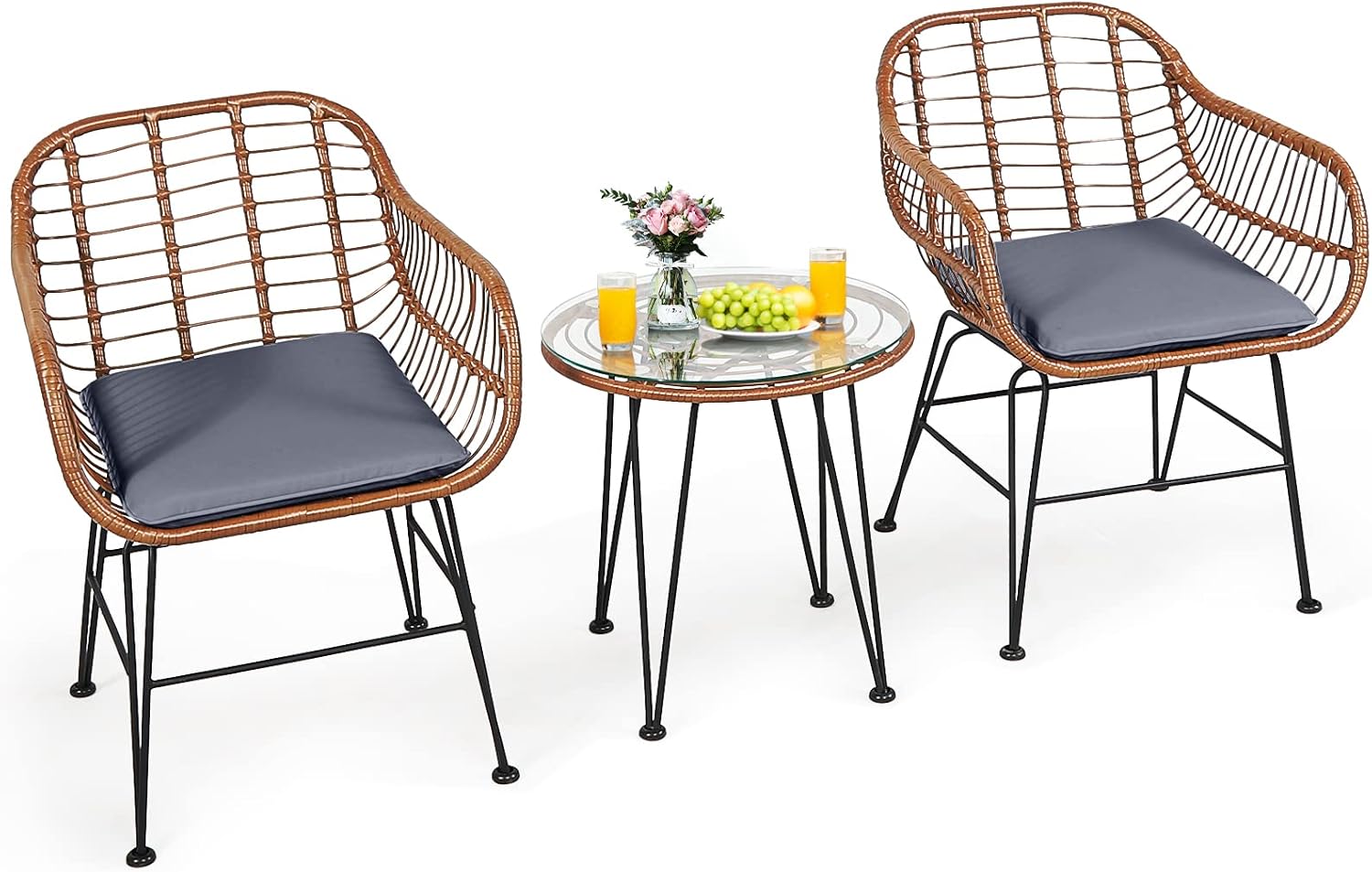 Tangkula 3 Pieces Patio Conversation Bistro Set, Outdoor Wicker Furniture w/Round Tempered Glass Top Table & 2 Rattan Armchairs, Bistro Chat Set w/Seat Cushions for Porch, Backyard, Garden