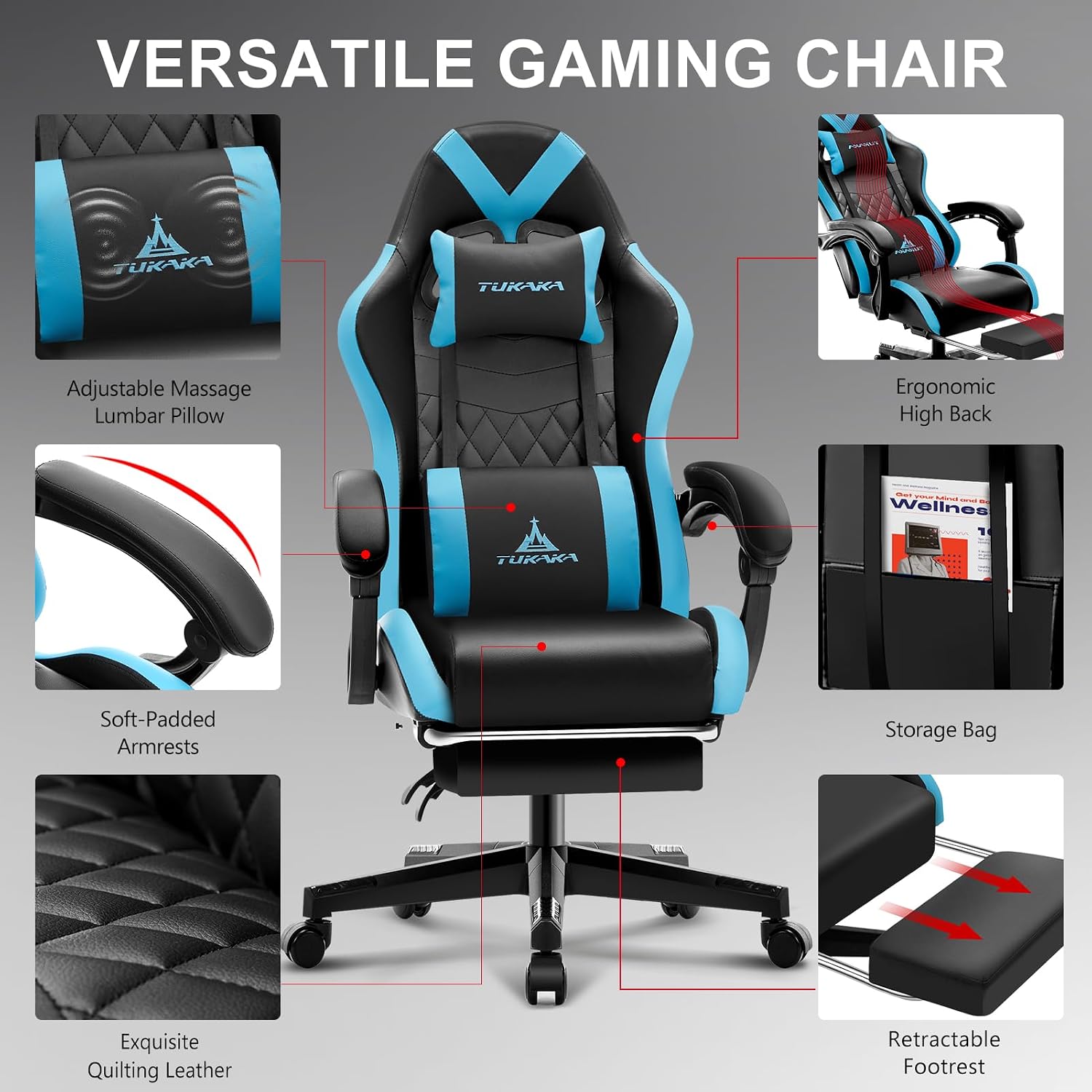 Gaming Chair,Ergonomic Massage Computer Office Desk Chair with Footrest,Pocket Spring Cushion,Reclining Leather Adjustable Gamer Chair with Headrest and Lumbar Support,Blue