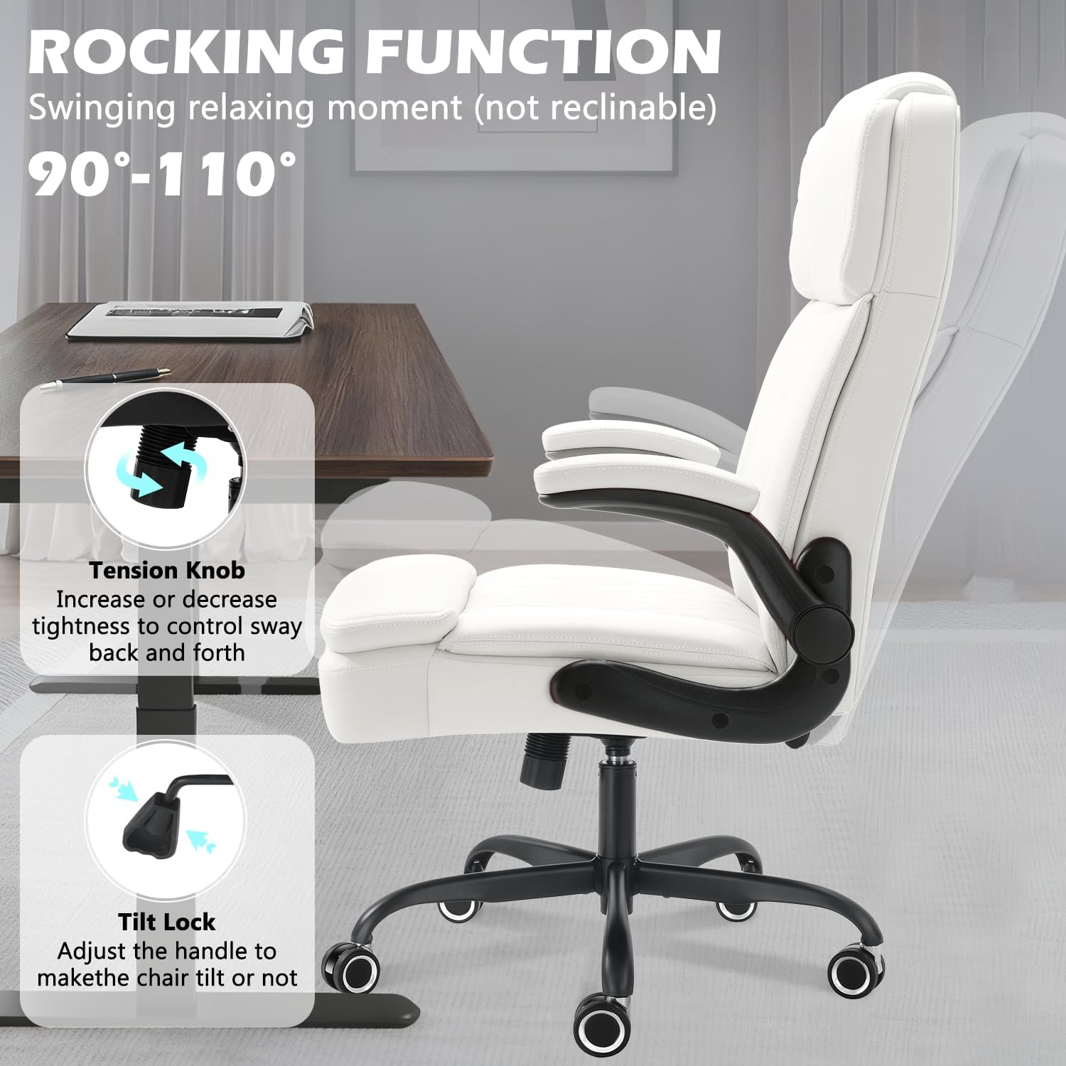 450 LBS Big and Tall Executive Office Chair with Flip up Arm, Heavy Duty Leather Computer Desk Chair,Comfortable High Back Swivel Home Office Chair with Rolling for Adults (White)